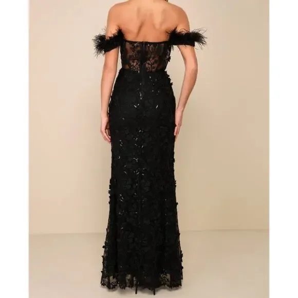 NEW Lulus Midnight Sparkle Black Embroidered Feather Bustier Maxi Dress XS - Picture 4 of 13